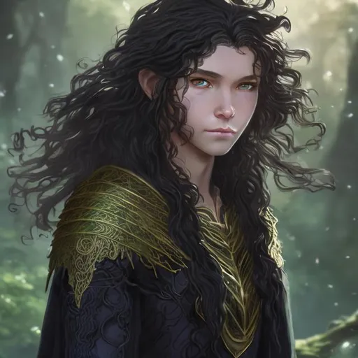 Prompt: Young fantasy hero with flowing curly black hair, medium skin tone, flowing cloak, armor, ready to fight, beautiful Japanese fantasy heroine with blue-black hair in a braid, green tunic, highres, detailed, fantasy, epic, heroic, curly hair, flowing cloak, medium skin tone, armor, intense gaze