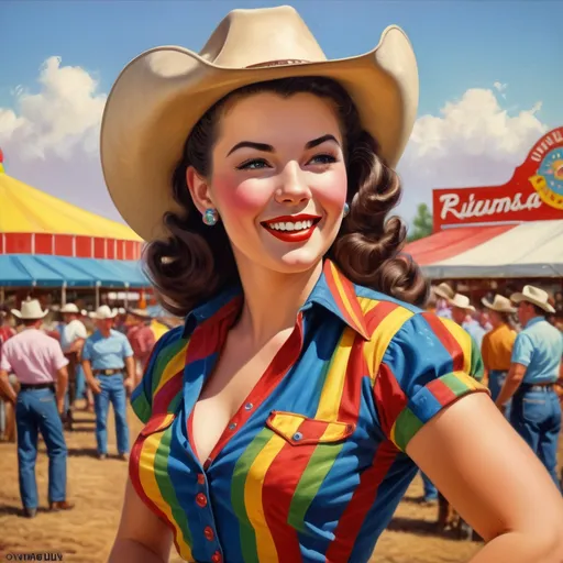 Prompt: Realistic vintage pinup cowgirl in rainbow attire, 1950's state fair, traditional oil painting, colorful and vibrant, detailed facial expression, retro fashion, classic Americana, joyful and vibrant, high quality, realistic, oil painting, vintage, 1950's, colorful, detailed fashion, traditional art, vibrant colors, joyful expression, state fair, retro, classic Americana