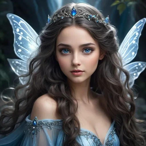 Prompt: Beautiful fairy princess with blue-black waves, radiant and ethereal, high-quality, fantasy, detailed eyes, flowing gown, magical aura, enchanting atmosphere, fairy-tale, dreamy, mystical, elegant, atmospheric lighting, fantasy art, long flowing hair, ethereal beauty, princess, fairy, detailed hair, magical, enchanting, detailed, high quality