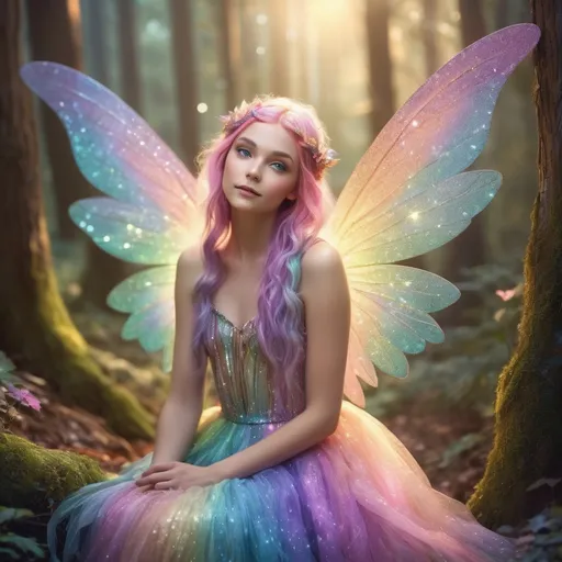 Prompt: Rainbow fairy, vibrant and colorful wings, sparkly pixie dust, enchanting forest setting, ethereal and magical atmosphere, high quality, fantasy, radiant lighting, pastel tones, whimsical, detailed hair, delicate and graceful, mystical, fantasy art, vibrant colors, enchanting, dreamy, rainbow theme, sparkles, fantasy setting