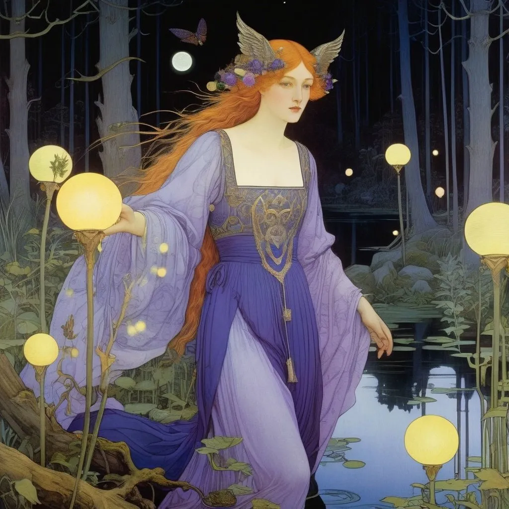 Prompt: Marianne Stokes, Masaaki Sasamoto, Carlos Schwabe, Virginia Frances Sterrett, Gustav Dore, Albrecht Durer: On a springs's night, a beautiful woman goes out to the cottagecore swampy wilderness to commune with the spirits of chaos and the cosmos, fireflies, horned owls, frogs and pixies, Mysterious, purple, detailed foliage