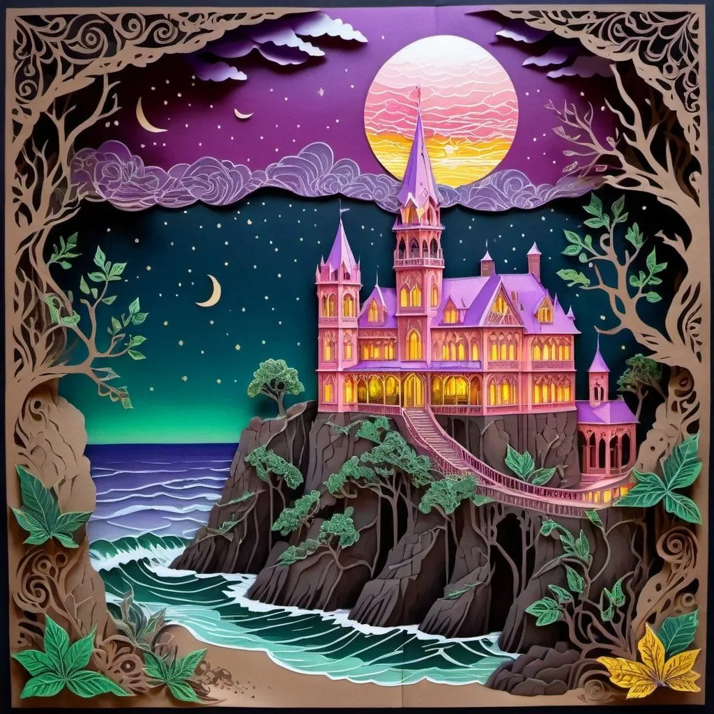 Prompt: Colored ink drawing of a fantastical crystal palace with purple moon lighting the night on a steep dirt cliff, magnificent coral, green, and yellow clouds above, rocky beach and ocean below, detailed foliage and vines, high quality, colored ink, magnificent clouds, detailed house, steep cliff, rocky beach, ocean, celestial colors, atmospheric lighting