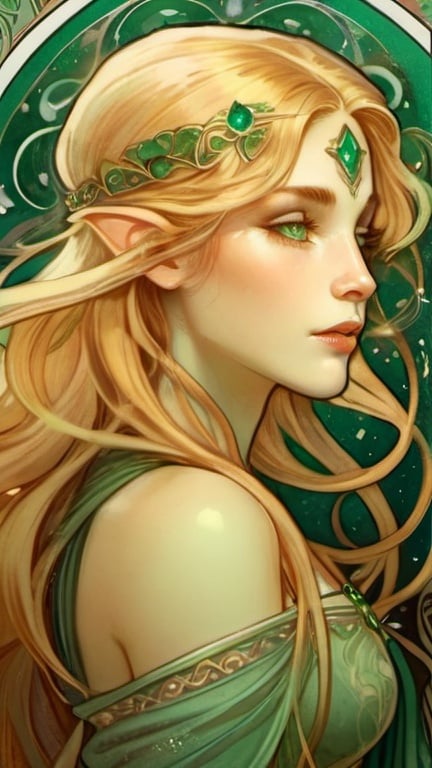 Prompt: Delicate half elf with long golden blonde hair, emerald eyes, ethereal aura, fantasy illustration, detailed facial features, high quality, delicate, ambiguous, long hair, half elf, emerald eyes, intricate details, fantasy, ethereal, professional illustration, soft lighting, warm tones