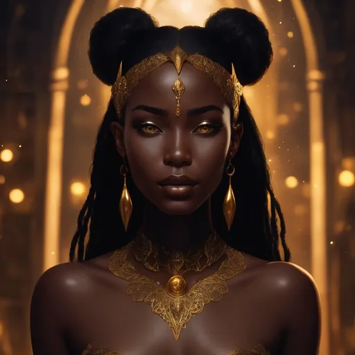 Prompt: Beautiful midnight skin black woman in fantasy setting, gold painted ears, high quality, fantasy, detailed features, ethereal lighting