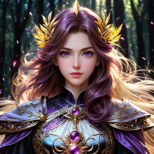 Prompt: Full body visible, oil painting, young 36 years old Human White woman, pale-skinned-female, ((beautiful detailed face and glowing anime dark purple eyes)), long dark auburn hair, rosy cheeks, sly grin, looking at the viewer, sorceress wearing almost black purple dress, raising her holy scepter to the sky, intricate hyper detailed hair, intricate hyper detailed eyelashes, intricate hyper detailed shining pupils, #3238, UHD, hd , 8k eyes, detailed face, big anime dreamy eyes, 8k eyes, intricate details, insanely detailed, masterpiece, cinematic lighting, 8k, complementary colors, golden ratio, octane render, volumetric lighting, unreal 5, artwork, concept art, cover, top model, light on hair colorful glamourous hyperdetailed ((dark forest)) background, intricate hyperdetailed battlefield, ultra-fine details, hyper-focused, deep colors, dramatic lighting, ambient lighting god rays | by sakimi chan, artgerm, wlop, pixiv, tumblr, instagram, deviantart