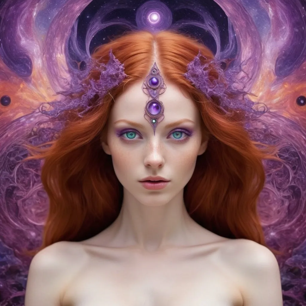 Prompt: divine redheaded fertility goddess, bright purple eyes, psychedelic landscape of infinite beauty, divine wisdom, (chaos given form by form in a state of chaos).
