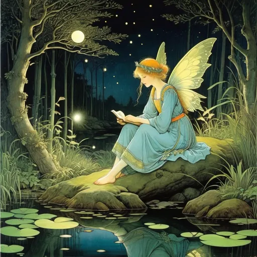 Prompt: Marianne Stokes, Masaaki Sasamoto, Carlos Schwabe, Virginia Frances Sterrett, Gustav Dore, Albrecht Durer: On a springs's night, a beautiful girl fairy goes out to the cottagecore swampy wilderness to commune with the spirits of nature and light, fireflies, horned owls, frogs and pixies, Mysterious