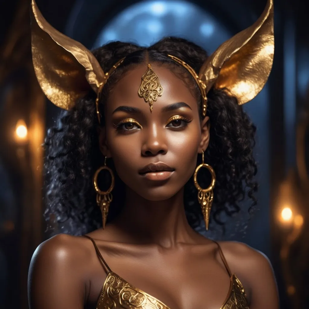 Prompt: Beautiful midnight skin black woman in fantasy setting, gold painted ears, high quality, fantasy, detailed features, ethereal lighting