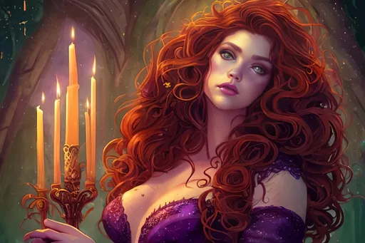 Prompt: Fantasy illustration of a captivating singer, long thick wavy auburn hair, mesmerizing amethyst eyes, curvy figure, pale freckled skin, candlelit stage, revealing dark green dress, high detail, fantasy style, candlelit, enchanting atmosphere, vibrant colors. amethyst colored eyes. 