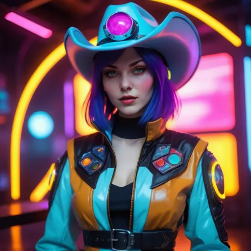 Prompt: Realistic cosmic cowgirl outfit, Faye Valentine, space rave, futuristic setting, detailed facial features, high quality, realism, cosmic color palette, neon lighting, futuristic accessories, professional art, immersive atmosphere