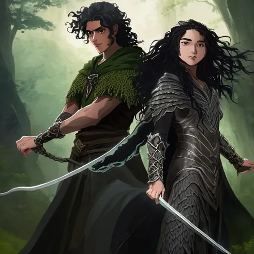 Prompt: Young fantasy hero man with flowing curly black hair, medium skin tone, flowing cloak, armor, ready to fight, standing next to beautiful Japanese fantasy heroine with blue-black hair in a braid, green tunic, highres, detailed, fantasy, epic, heroic, curly hair, flowing cloak, medium skin tone, armor, intense gaze