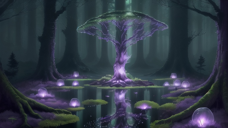 Prompt: Nighttime illustration of a glowing forest, big bulbous trees, soft moss-covered floor, faintly glowing puddles, light purple moon, best quality, highres, ultra-detailed, fantasy, glowing forest, bulbous trees, soft moss, glowing water, moonlit, ethereal atmosphere, mystical, cool tones, atmospheric lighting