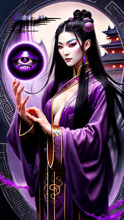 Prompt: Beautiful Chinese sorceress with deep purple eyes, straight long jet black hair, flowing purple robes, mystical magic, enchanting beauty, captivating gaze, high-quality, detailed painting, fantasy, mystical, traditional Chinese, deep purple tones, magical lighting