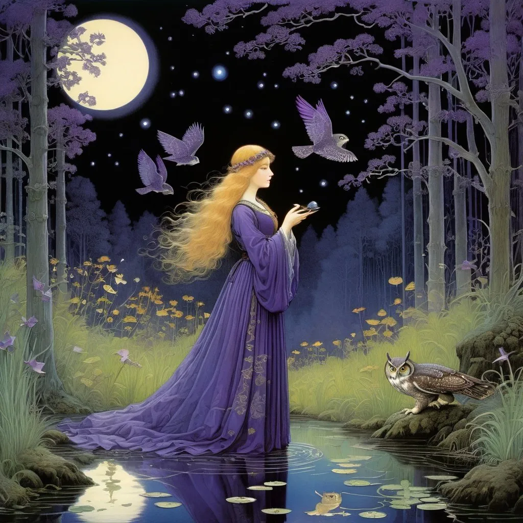 Prompt: Marianne Stokes, Masaaki Sasamoto, Carlos Schwabe, Virginia Frances Sterrett, Gustav Dore, Albrecht Durer: On a springs's night, a beautiful woman goes out to the cottagecore swampy wilderness to commune with the spirits of chaos and the cosmos, fireflies, horned owls, frogs and pixies, Mysterious, purple, detailed foliage