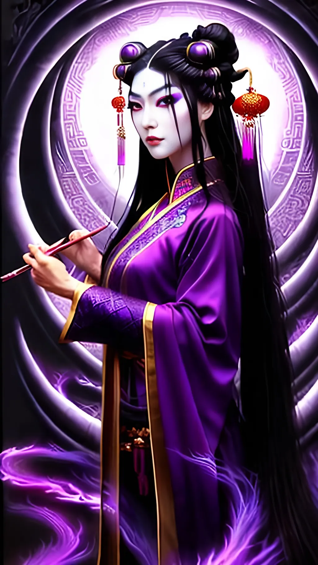 Prompt: Beautiful Chinese sorceress with deep purple eyes, straight long jet black hair, flowing purple robes, mystical magic, enchanting beauty, captivating gaze, high-quality, detailed painting, fantasy, mystical, traditional Chinese, deep purple tones, magical lighting