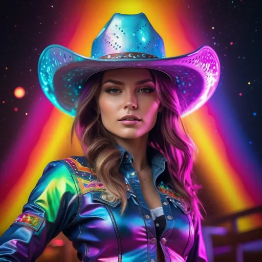 Prompt: Realistic space cosmic cowgirl in a trippy rainbow rave, iridescent, high-quality, realistic style, cosmic western, vibrant rainbow colors, psychedelic atmosphere, detailed cosmic scenery, professional lighting, realistic details, cosmic cowgirl outfit, space cowboy hat, iridescent effects, futuristic rave setting, cosmic cowboy attitude, cosmic cowgirl fashion, vivid colors