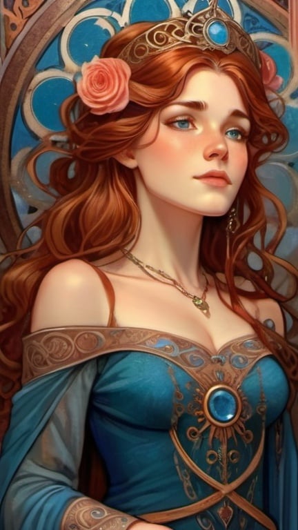 Prompt: Alphonse Mucha Style,,Detailed portrayal of Elayne Trakand, Daughter-Heir, Wheel of Time series, book-accurate, high quality, realistic, fantasy, medieval, regal attire, auburn hair cascading in loose curls, piercing blue eyes, intricate crown with rose motifs, flowing silk gown in royal colors, intricate embroidery, elegant posture, royal demeanor, authentic setting, rich color palette, soft and natural lighting,,<lora:Alphonse Mucha Style:1>