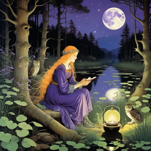 Prompt: Marianne Stokes, Masaaki Sasamoto, Carlos Schwabe, Virginia Frances Sterrett, Gustav Dore, Albrecht Durer: On a springs's night, a beautiful woman goes out to the cottagecore swampy wilderness to commune with the spirits of nature and light, fireflies, horned owls, frogs and pixies, Mysterious, purple moon, detailed foliage