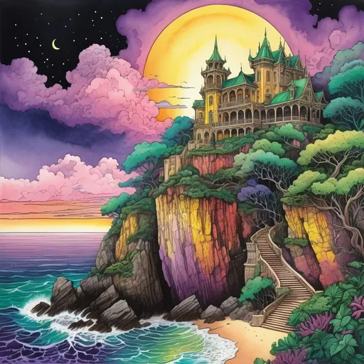 Prompt: Colored ink drawing of a fantastical crytal palace with purple moon lighting the night on a steep dirt cliff, magnificent coral, green, and yellow clouds above, rocky beach and ocean below, detailed foliage and vines, high quality, colored ink, magnificent clouds, detailed house, steep cliff, rocky beach, ocean, natural colors, atmospheric lighting