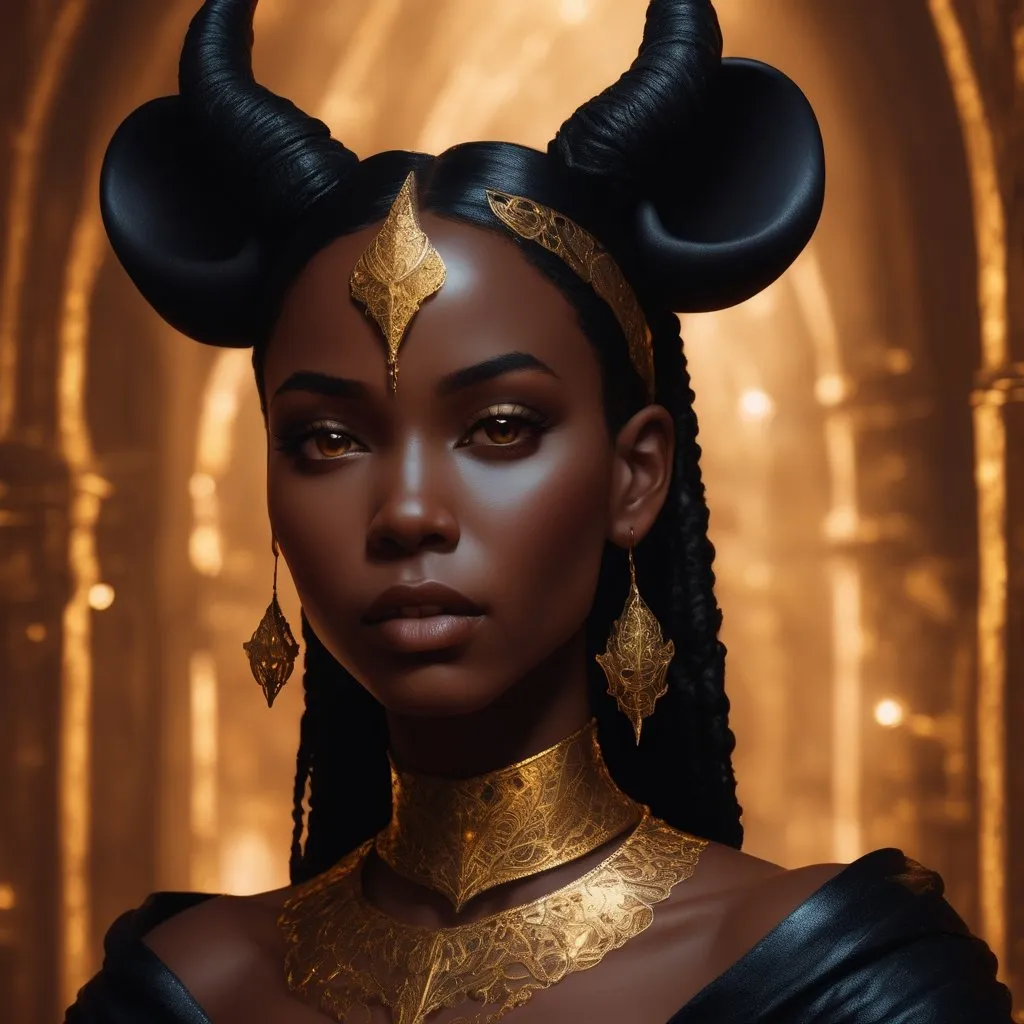 Prompt: Beautiful midnight skin black woman in fantasy setting, gold painted ears, high quality, fantasy, detailed features, ethereal lighting