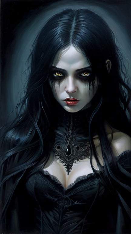 Prompt: Loviatar in dark fantasy oil painting, detailed facial features, haunting atmosphere, high texture, dark and eerie, melancholic, gothic, mysterious, detailed eyes, flowing black hair, intricate costume, dramatic lighting, high quality, oil painting, dark fantasy, haunting, melancholic, gothic, detailed facial features, mysterious, eerie, intricate costume, dramatic lighting