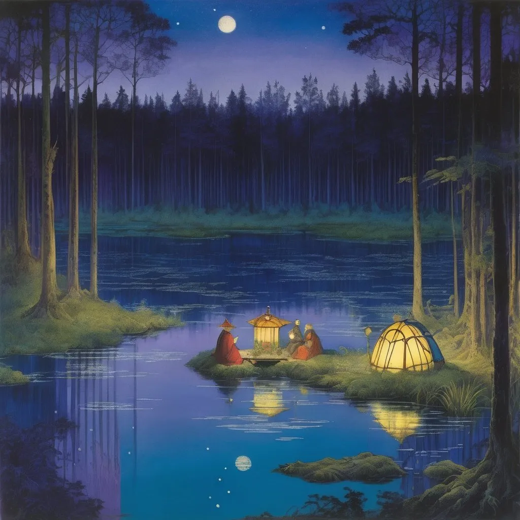 Prompt: Marianne Stokes, Masaaki Sasamoto, Carlos Schwabe, Virginia Frances Sterrett, Gustav Dore, Albrecht Durer: On a springs's night, a beautiful woman goes out to the cottagecore swampy wilderness to commune with the spirits of chaos and the cosmos, fireflies, horned owls, frogs and pixies, Mysterious, purple, detailed foliage