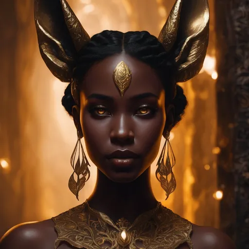 Prompt: Beautiful midnight skin black woman in fantasy setting, gold painted ears, high quality, fantasy, detailed features, ethereal lighting