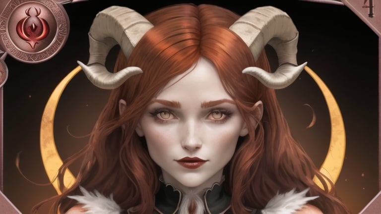 Prompt: woman with goat horns, devil tarot card. she has auburn hair and hazel eyes. 