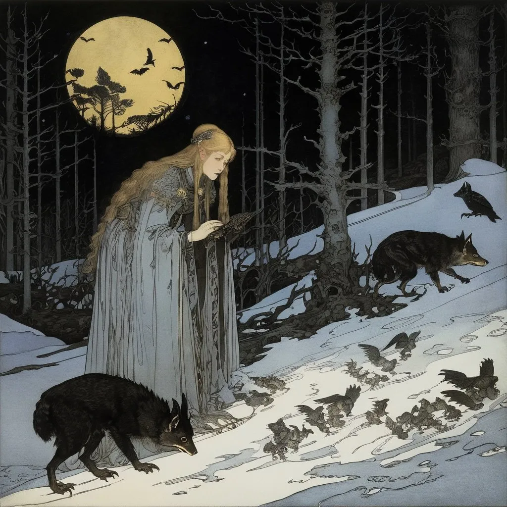 Prompt: Marianne Stokes, Masaaki Sasamoto, Carlos Schwabe, Virginia Frances Sterrett, Gustav Dore, Albrecht Durer: On a winter's night, a beautiful girl sorcerer goes out to the wilderness to commune with the spirits of death and decay, bats, horned owls, wolves and ghosts, Mysterious