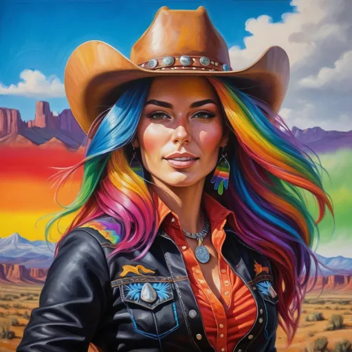 Prompt: Groovy rainbow black cowgirl, vibrant oil painting, wild west theme, psychedelic colors, flowing rainbow hair, confident pose, detailed facial features, high quality, vibrant oil painting, wild west, psychedelic colors, rainbow hair, confident pose, detailed facial features, groovy