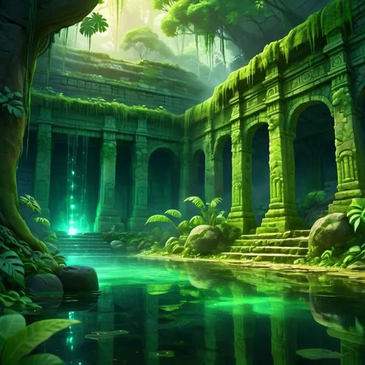 Prompt: Magic glowing hot spring in lush jungle temple ruins, vibrant green foliage, ancient mystical aura, high quality, digital painting, fantasy, vibrant green tones, glowing magical light, atmospheric ruins, detailed texture, mystical ambiance, jungle setting, ancient architecture, vibrant and unique, detailed reflections, magical atmosphere, professional, atmospheric lighting