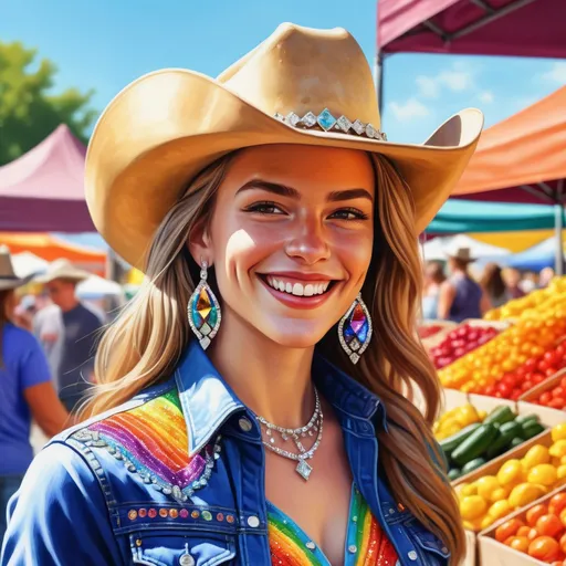 Prompt: Realistic illustration of an LGBTQ+ rhinestone cowgirl at the farmers market, vibrant and colorful, detailed rhinestone attire, sun-kissed skin, confident and radiant smile, bustling market atmosphere, high quality, vibrant colors, realistic style, rhinestone cowgirl, LGBTQ+, farmers market, detailed attire, sun-kissed skin, radiant smile, bustling atmosphere, vibrant colors, realistic style