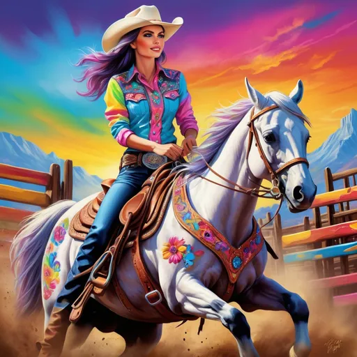 Prompt: Realism style illustration of a Lisa Frank cowgirl at the rodeo, vibrant and colorful, detailed Western attire, intricate floral patterns, lively rodeo atmosphere, dynamic horseback action, high quality, realistic, vibrant colors, detailed character, cowgirl fashion, rodeo setting, professional lighting