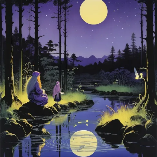 Prompt: Marianne Stokes, Masaaki Sasamoto, Carlos Schwabe, Virginia Frances Sterrett, Gustav Dore, Albrecht Durer: On a springs's night, a beautiful woman goes out to the cottagecore swampy wilderness to commune with the spirits of chaos and the cosmos, fireflies, horned owls, frogs and pixies, Mysterious, purple, detailed foliage