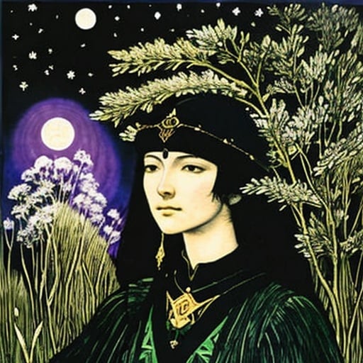 Prompt: Marianne Stokes, Masaaki Sasamoto, Carlos Schwabe, Virginia Frances Sterrett, Gustav Dore, Albrecht Durer: On a springs's night, a beautiful woman goes out to the cottagecore swampy wilderness to commune with the spirits of chaos and the cosmos, fireflies, horned owls, frogs and pixies, Mysterious, purple, detailed foliage