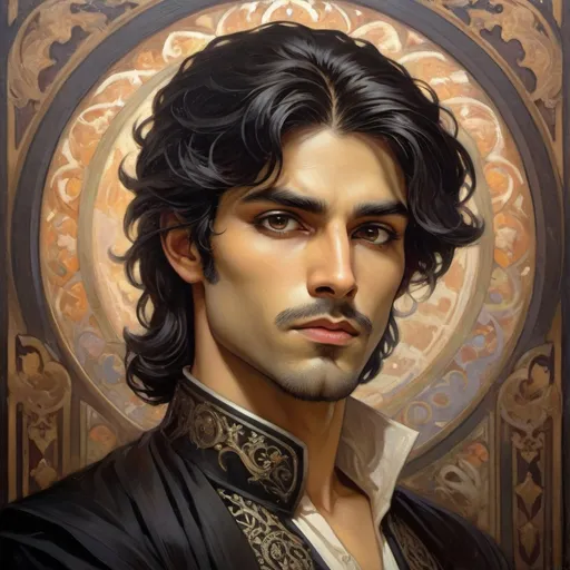 Prompt: Dark Persian prince with intense dark eyes, medium length black hair, big nose, handsome, prince of shadows, oil painting, detailed facial features, high quality, regal, moody lighting, detailed eyes, handsome, Persian features, dark prince, medium-length black hair, intense gaze, atmospheric, regal, oil painting, detailed facial features, professional, dark beard, regal, medium tone skin, muscular and big