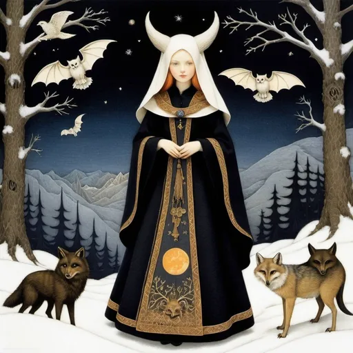 Prompt: Marianne Stokes, Masaaki Sasamoto, Carlos Schwabe, Virginia Frances Sterrett, Gustav Dore, Albrecht Durer: On a winter's night, a beautiful girl sorcerer goes out to the wilderness to commune with the spirits of death and decay, bats, horned owls, wolves and ghosts, Mysterious