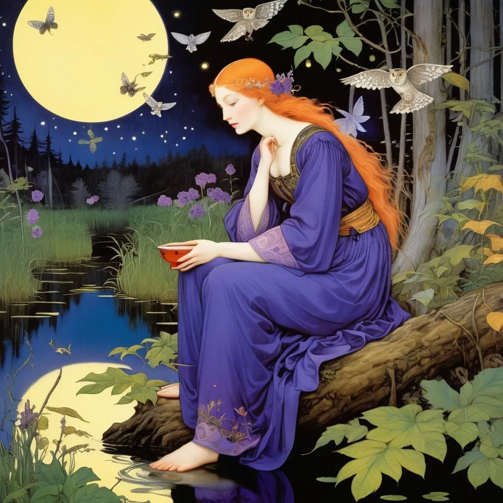 Prompt: Marianne Stokes, Masaaki Sasamoto, Carlos Schwabe, Virginia Frances Sterrett, Gustav Dore, Albrecht Durer: On a springs's night, a beautiful woman goes out to the cottagecore swampy wilderness to commune with the spirits of chaos and the cosmos, fireflies, horned owls, frogs and pixies, Mysterious, purple, detailed foliage