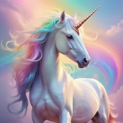 Prompt: Rainbow unicorn goddess, digital painting, ethereal horn, flowing mane, majestic presence, vibrant and surreal, mythical creature, magical aura, iridescent colors, high quality, fantasy, pastel tones, dreamy lighting