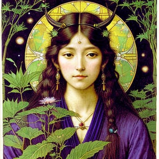 Prompt: Marianne Stokes, Masaaki Sasamoto, Carlos Schwabe, Virginia Frances Sterrett, Gustav Dore, Albrecht Durer: On a springs's night, a beautiful woman goes out to the cottagecore swampy wilderness to commune with the spirits of chaos and the cosmos, fireflies, horned owls, frogs and pixies, Mysterious, purple, detailed foliage