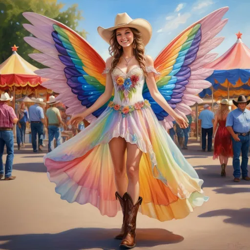 Prompt: Realistic illustration of a country western rainbow fairy at the state fair, highly detailed, oil painting, vibrant colors, soft natural lighting, fairy wings with iridescent details, flowing rainbow gown, cowboy boots, cowboy hat with floral accents, whimsical atmosphere, authentic western setting