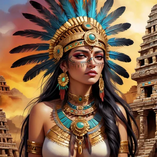 Prompt: Mexican gothic goddess in Aztec Mayan setting, intricate gold jewelry, traditional feathered headdress, mystical aura, ancient ruins in the background, high quality, digital painting, vibrant colors, dramatic lighting, detailed facial features, ornate body tattoos, powerful and majestic, ancient civilization, vivid colors, mystical atmosphere