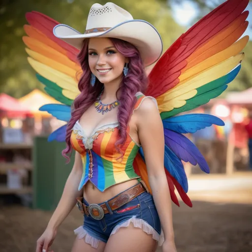 Prompt: Realism, country western rainbow fairy, state fair, vibrant colors, detailed costume, intricate wings, realistic hair and facial features, outdoor setting, natural lighting, high quality, professional, realistic style, fairy wings, vibrant colors, detailed costume, state fair, natural lighting, cowboy hat, rainbows