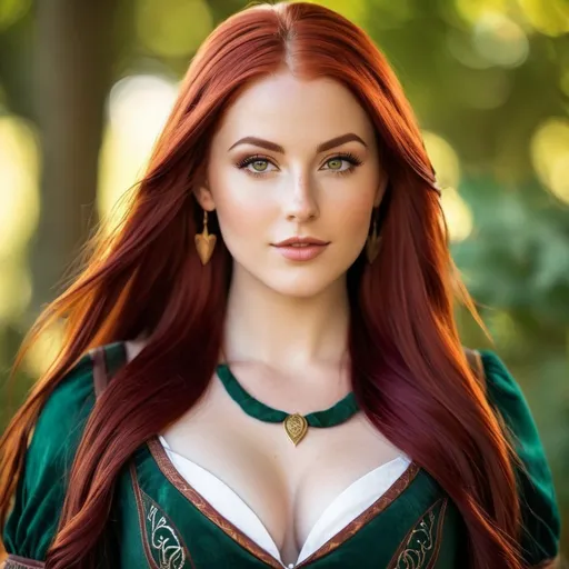 Prompt: Realistic book accurate Bryce Quinlan. Curvy woman with long, straight, wine red hair, amber colored eyes, slightly pointed elf ears, and freckly skin