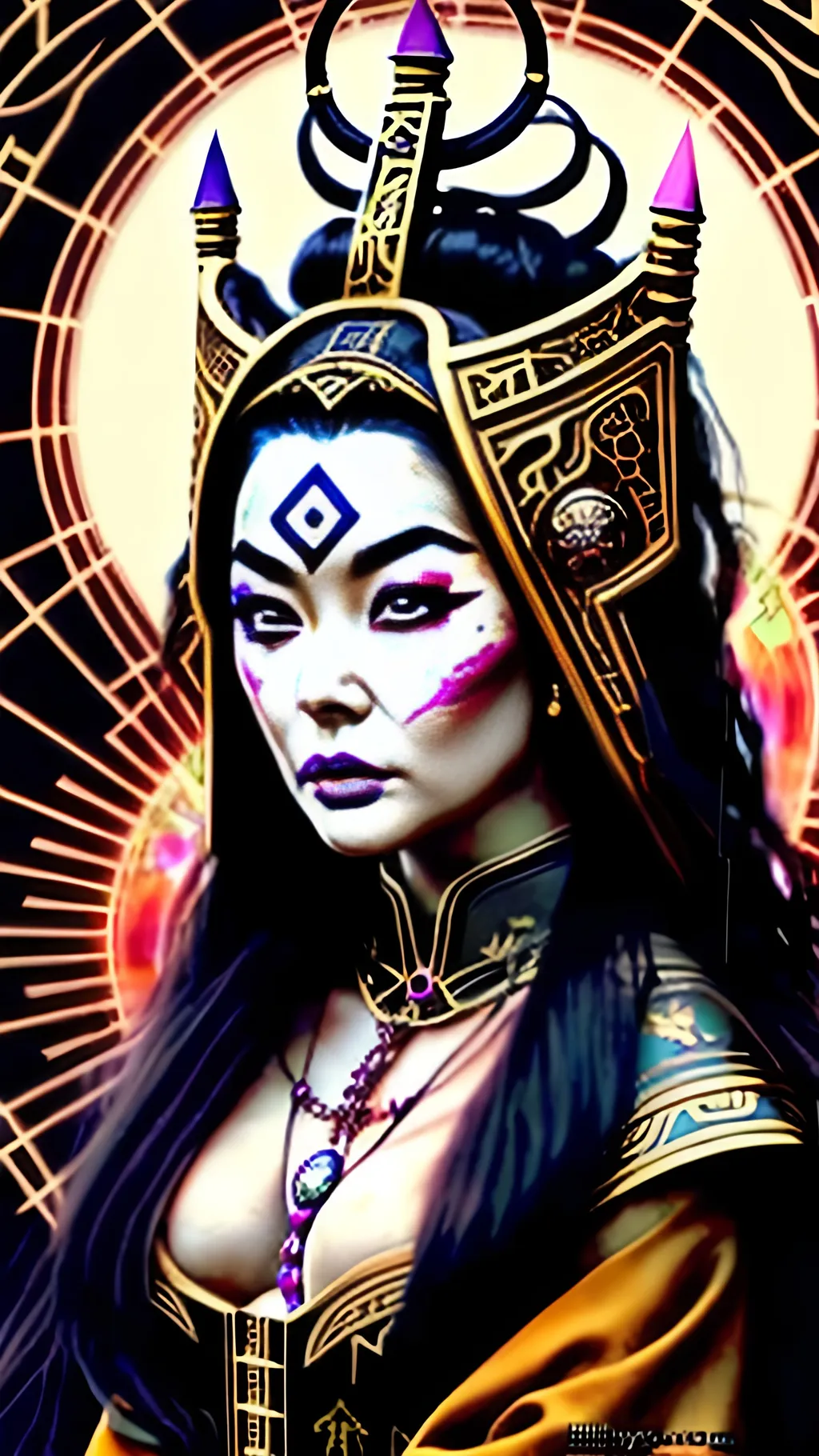 Prompt: Half-Asian high priestess with Elizabeth Taylor eyes, half-Japanese half Liv Tyler, Renaissance wavy jet black hair, fantasy, music theme, detailed, high-quality, renaissance, mystical, exotic eyes, magical, atmospheric lighting