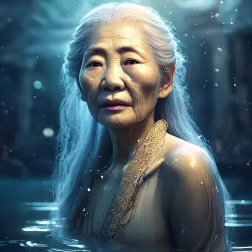 Prompt: Old asian woman with long white hair, floating in the middle of a glowing pool of rippling water, magical, high quality, fantasy game style, ethereal lighting, mystical ambiance, detailed wrinkles, flowing robes, serene expression, serene, ancient, rippling water, mystical, magical, fantasy game, detailed hair, professional, atmospheric lighting