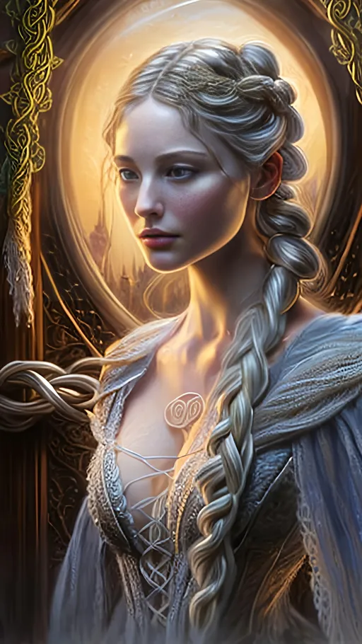Prompt: Detailed digital art of Egwene Al'Vere from Wheel of Time, realistic oil painting, soft and warm lighting, intricate braid with ribbon, delicate features, serene expression, high quality, ultra-detailed, realistic, oil painting, Wheel of Time, Egwene Al'Vere, fantasy, serene, detailed braid, warm lighting, delicate features, ribbon detail, high quality