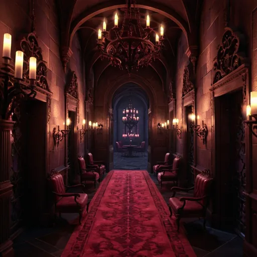 Prompt: Gothic onyx castle interior, wine-colored lighting, grand chandeliers, intricate details, high contrast, dark and moody, gothic architecture, luxurious furnishings, ornate decor, best quality, highres, ultra-detailed, dramatic lighting, gothic, opulent, regal, dark tones, wine-colored lights, detailed textures, atmospheric lighting, castle hallway, neon wine lights, block glossy onyx, vampire castle hallway