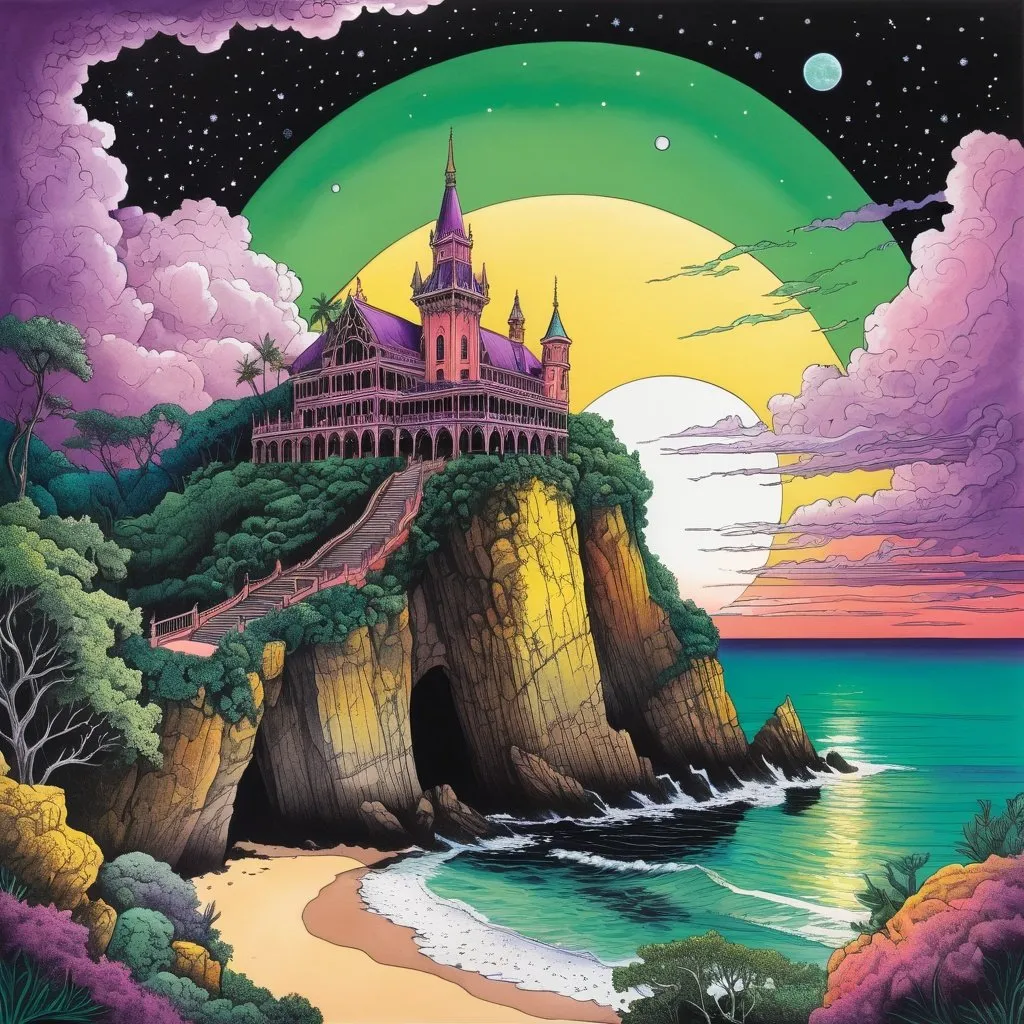 Prompt: Colored ink drawing of a fantastical crystal palace with purple moon lighting the night on a steep dirt cliff, magnificent coral, green, and yellow clouds above, rocky beach and ocean below, detailed foliage and vines, high quality, colored ink, magnificent clouds, detailed house, steep cliff, rocky beach, ocean, celestial colors, atmospheric lighting