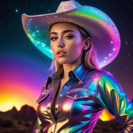 Prompt: Realistic space cosmic cowgirl in a trippy rainbow rave, iridescent, high-quality, realistic style, cosmic western, vibrant rainbow colors, psychedelic atmosphere, detailed cosmic scenery, professional lighting, realistic details, cosmic cowgirl outfit, space cowboy hat, iridescent effects, futuristic rave setting, cosmic cowboy attitude, cosmic cowgirl fashion, vivid colors, Miley cyrus